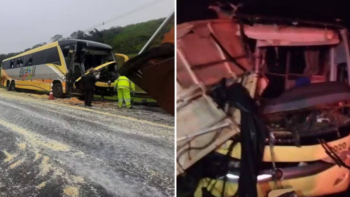 Batida entre ônibus e caminhão trava