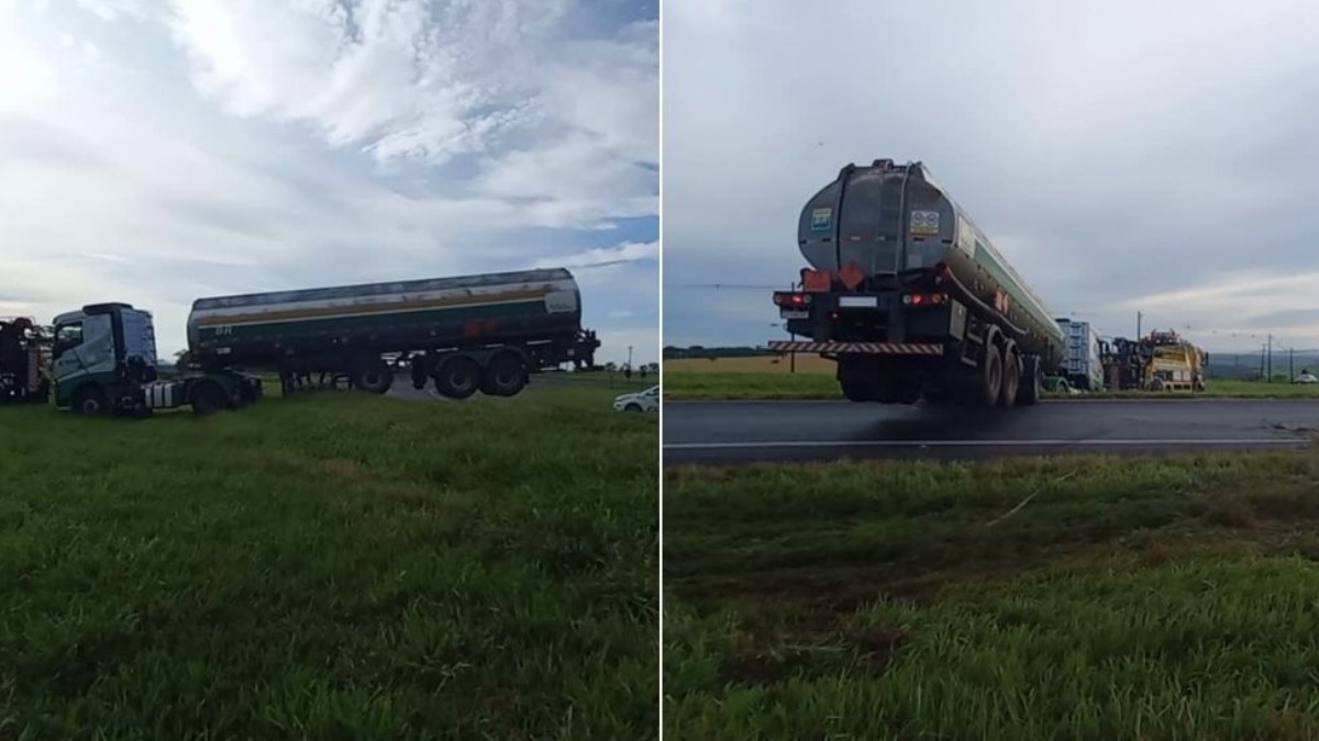 Caminhão tanque derrapa em curva
