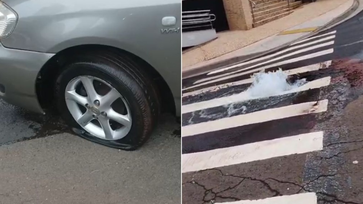 Motorista tem pneu rasgado e roda