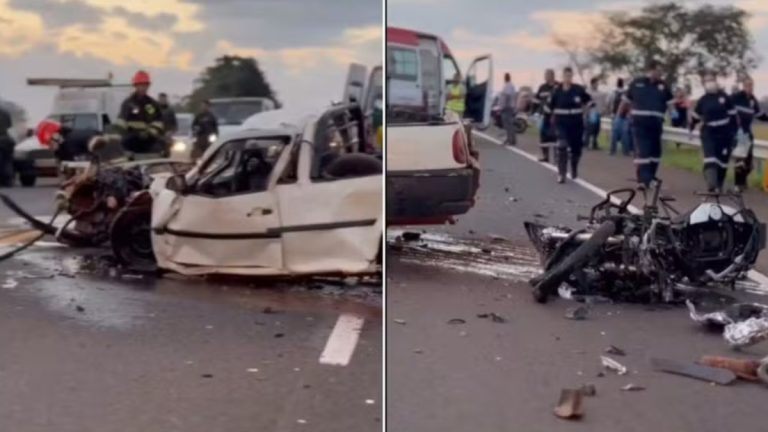 Acidente entre caminhonete e moto termina