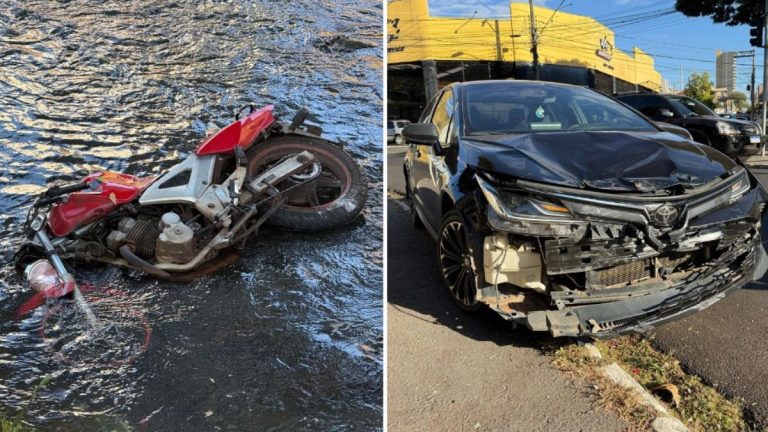 Moto cai em córrego da avenida